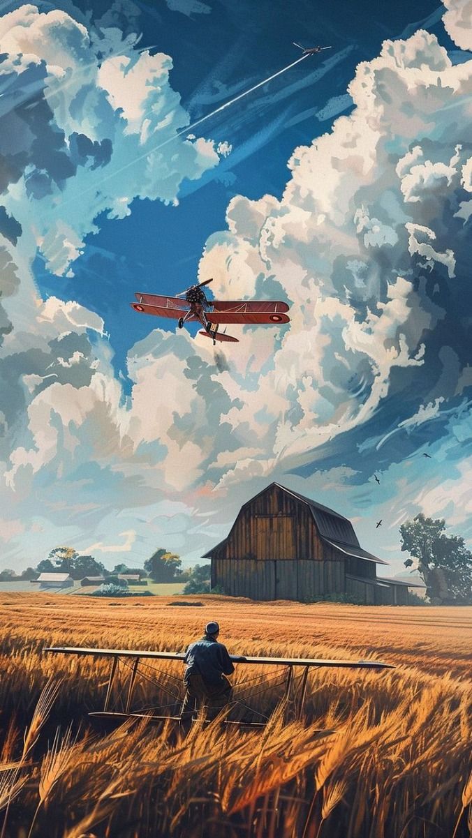 картина человека, сидящего на скамейке и смотрящего на самолет, летящий над сараем