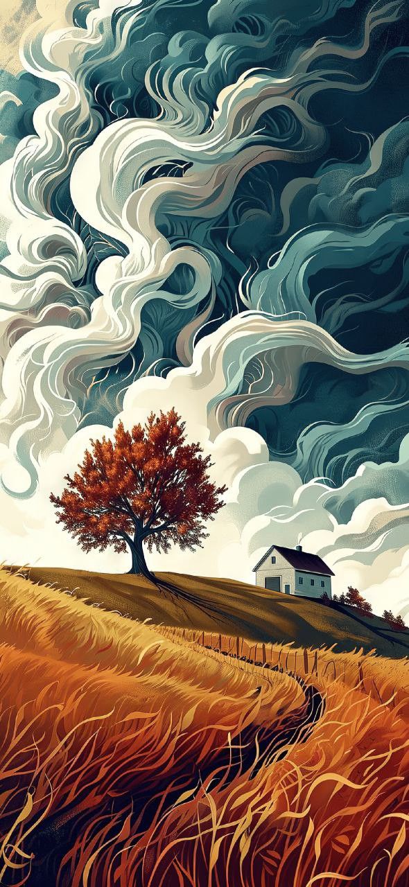 картина одинокого дерева в поле с домом на заднем плане