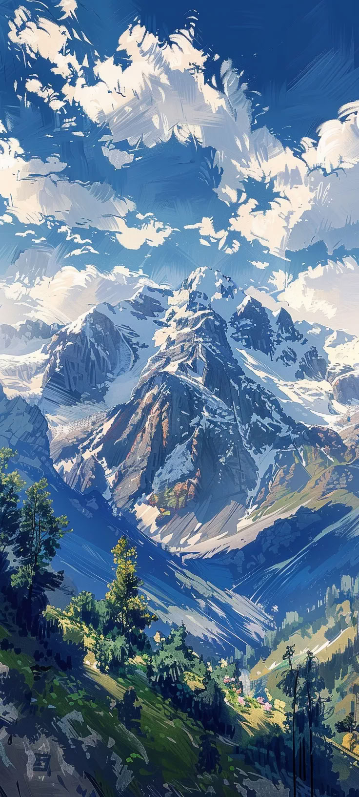 картина горного хребта с несколькими деревьями и несколькими облаками