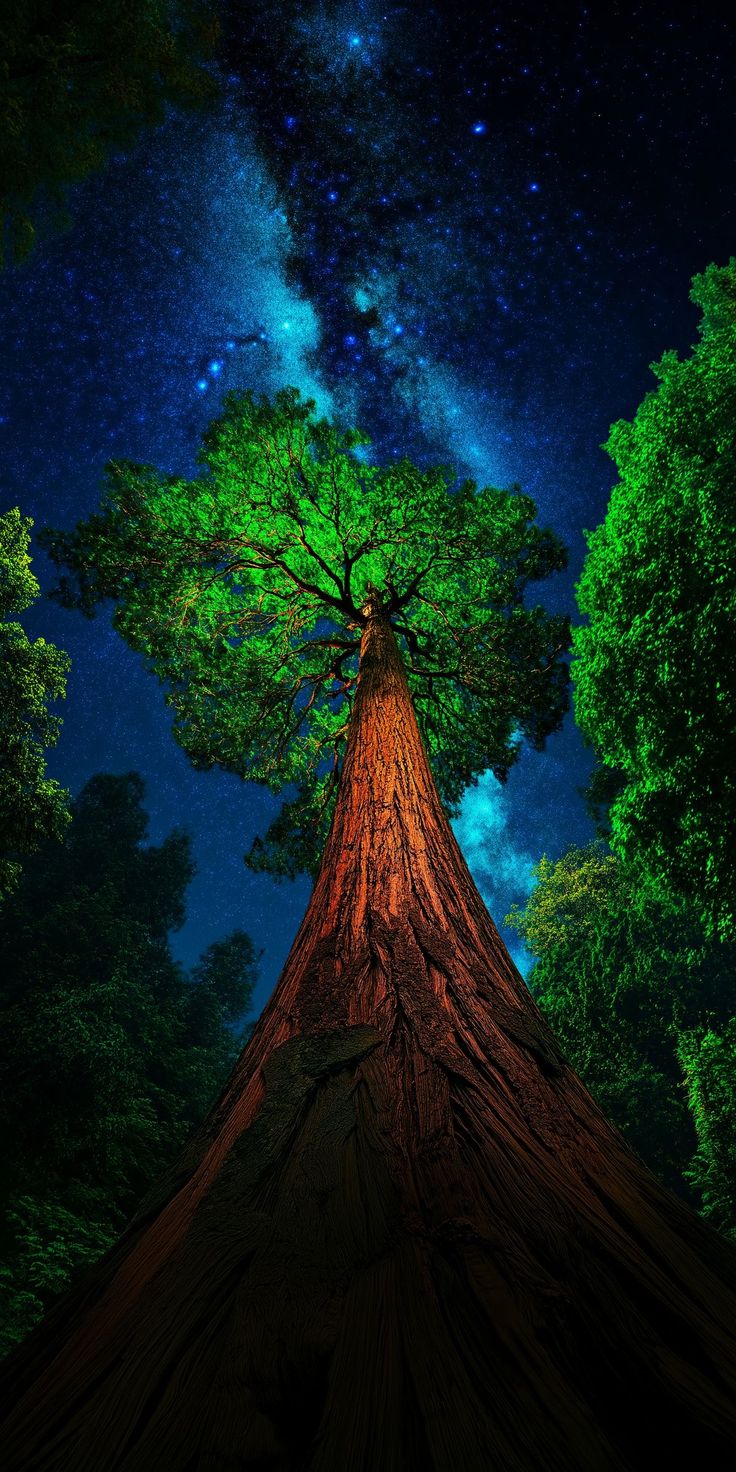 дерево с зеленым навесом и звездным небом