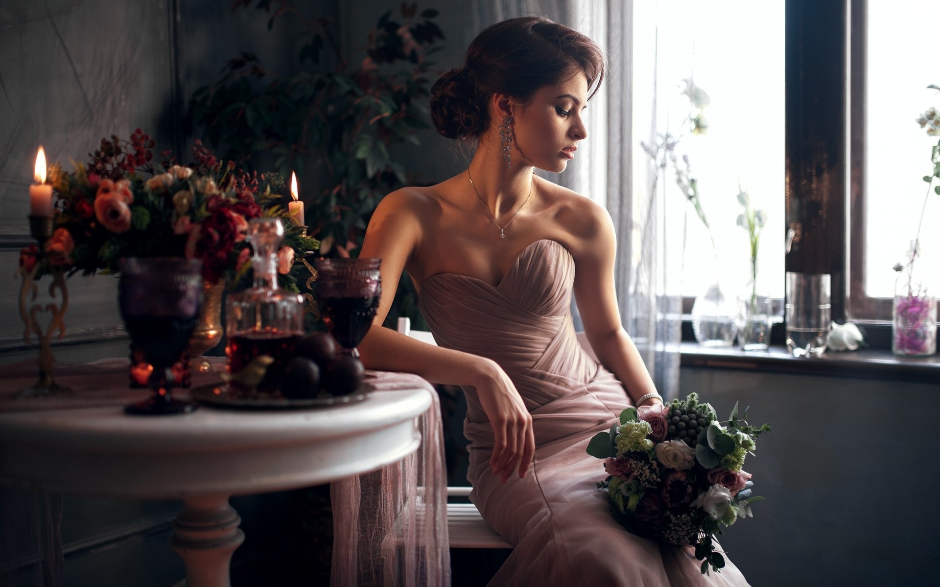 цветы, поза, ноутбук