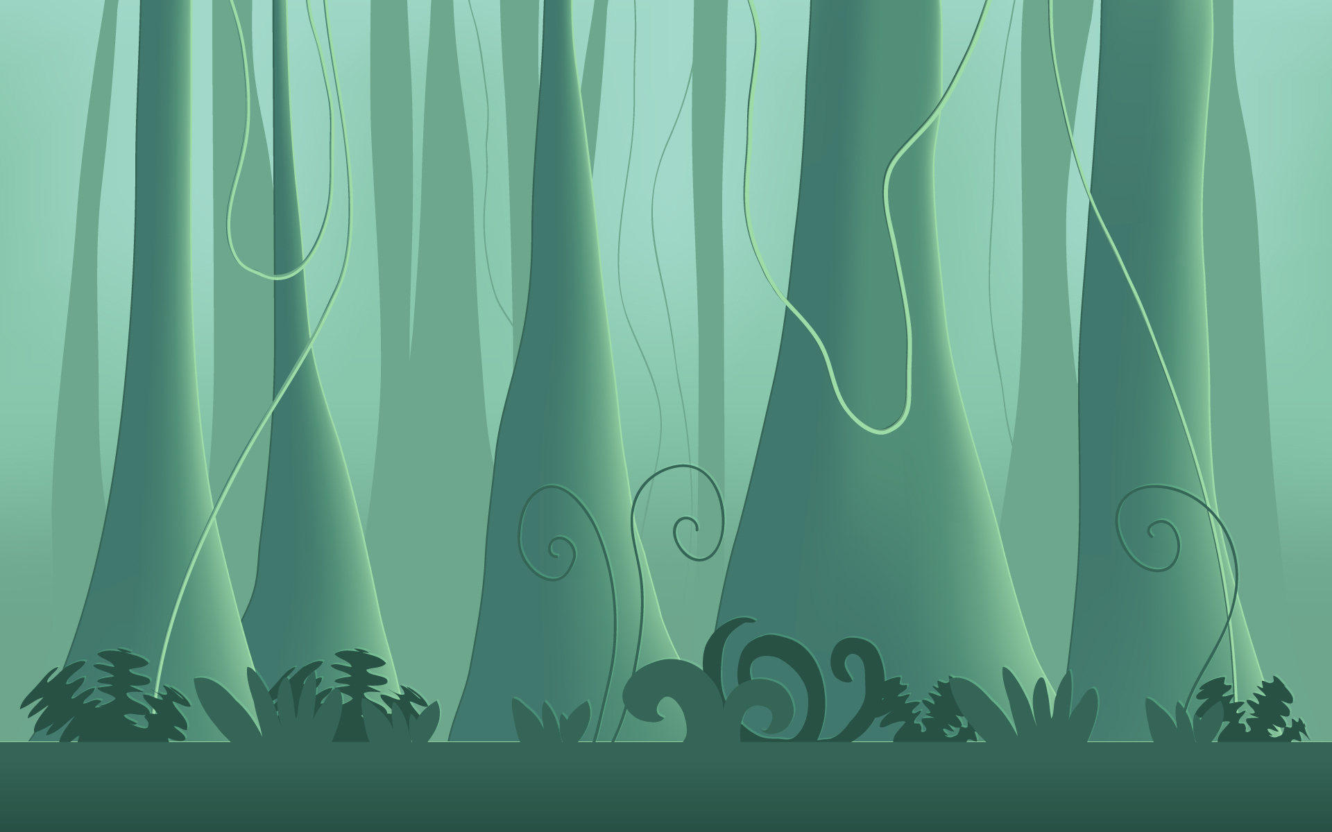 существует карикатурная картина леса со множеством деревьев