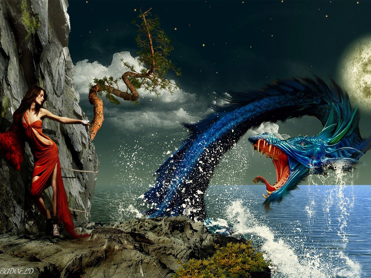 дракон, море, девушку