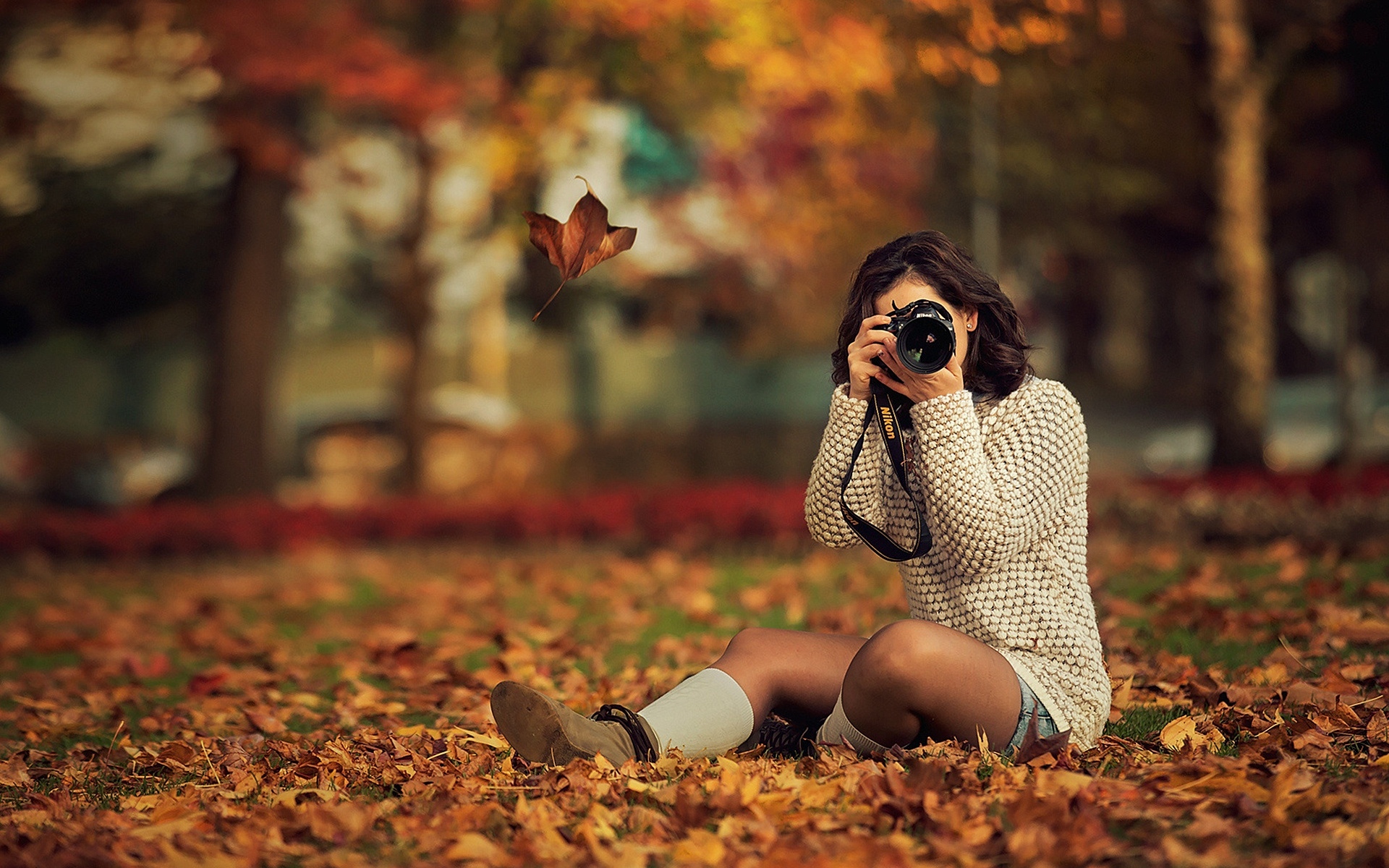 Девушка на земле в осенних листьях бесплатно
