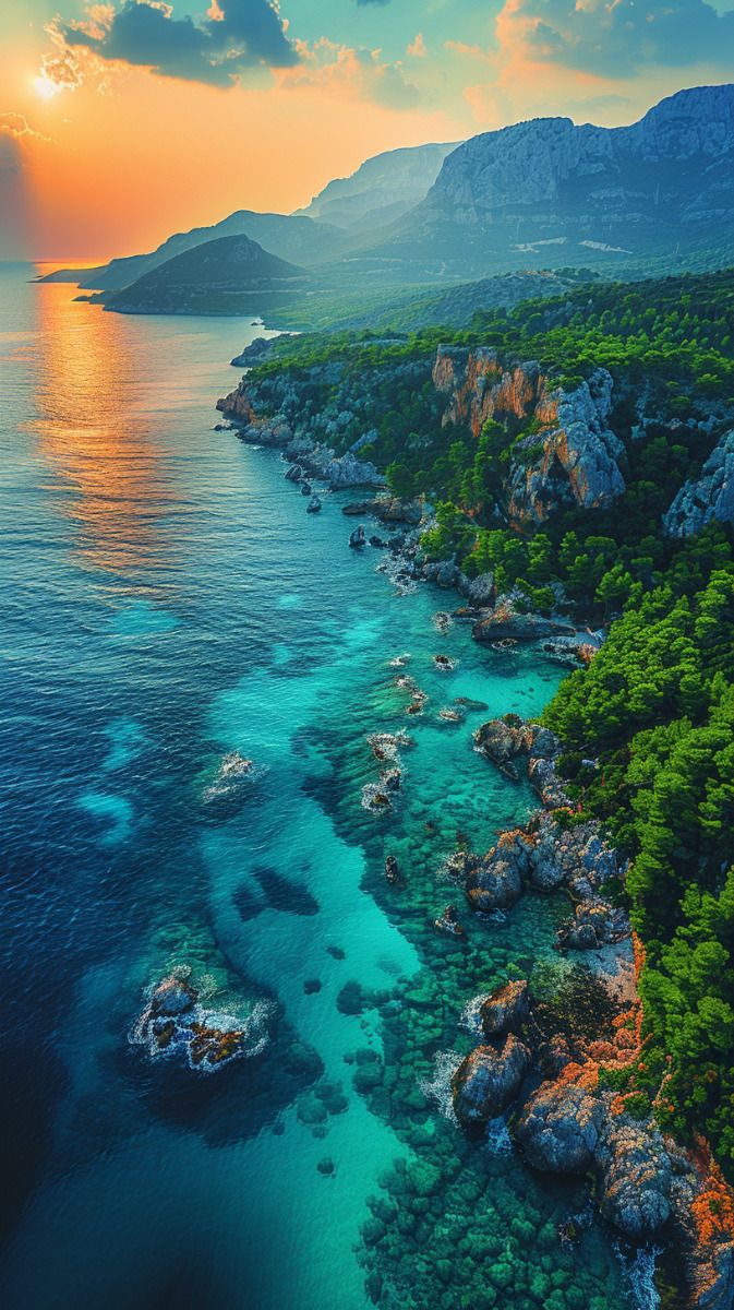 женский вид на красивый пляж с закатом на заднем плане