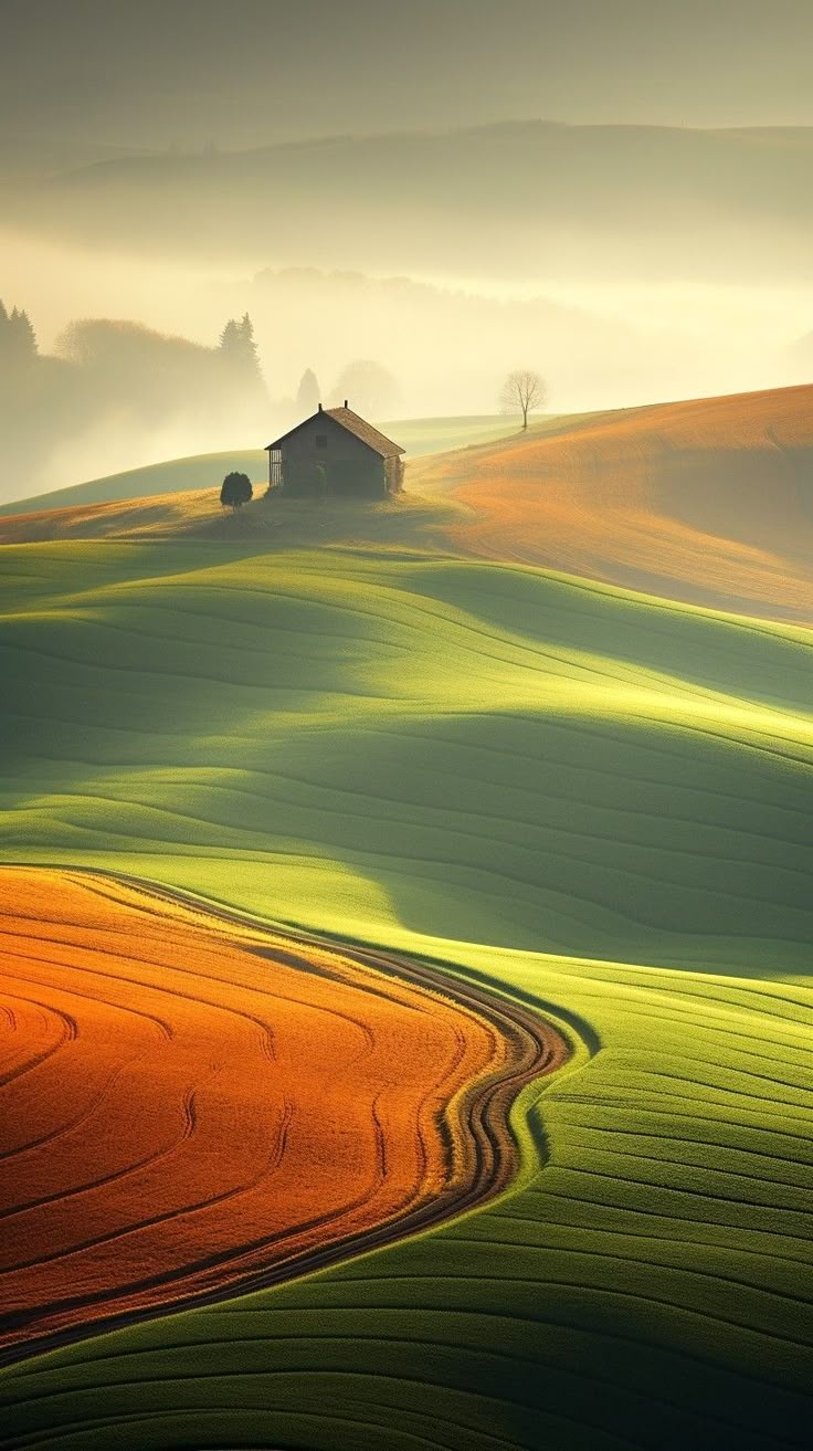 вид на ферму в холмистом районе с домом