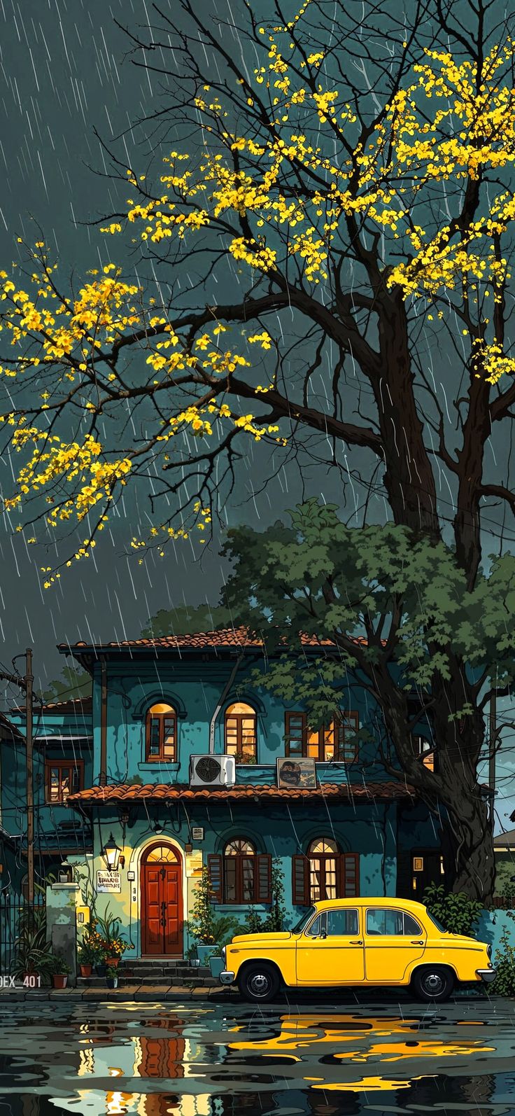 есть синий дом с деревом во дворе