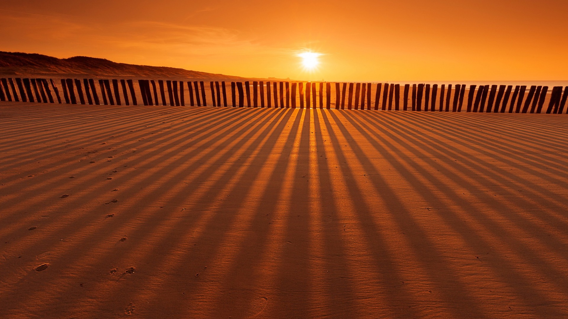 женский вид на забор на пляже с заходом солнца
