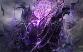 фиолетовое и черное изображение демона со светящейся головой