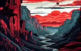 красное небо с рекой посередине