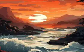 закат над океаном с волнами и деревьями на берегу