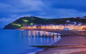 ночь, aberystwyth, побережье