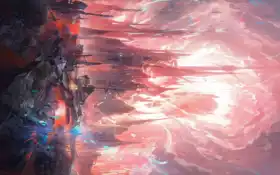 аниме-арт мужчины, стоящего на скале с городом на заднем плане