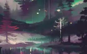 есть картина леса с озером и лесом