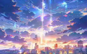 город аниме с небоскребами и звездами в небе