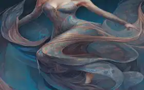 картина женщины в плавном платье с синим фоном