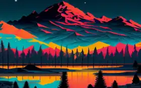 красочная горная сцена с озером и деревьями на переднем плане