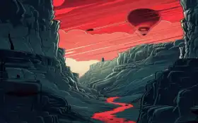 плакат воздушного шара, летящего над каньоном