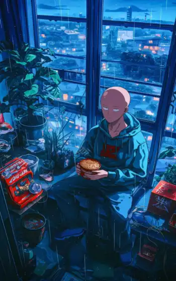 еда, окно, anime, чаша, парень, eating, сидя, подоконник