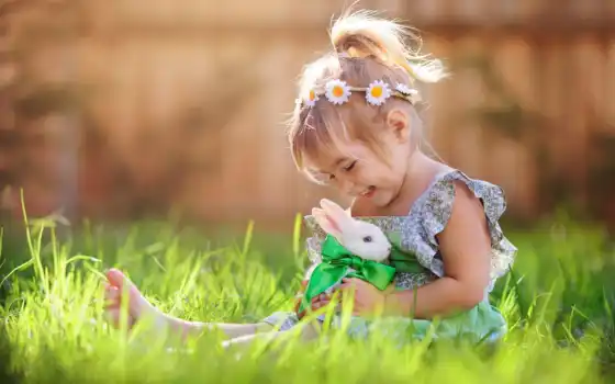 девочка, кролик, весело, трава, лужайка, зеленый