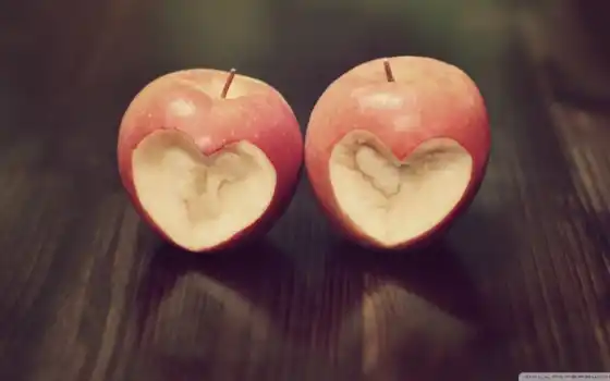 яблоко, укус, любовь, сердце