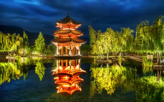китаянка, пагода, природа, trees, china, park, озеро, беседка, lijiang, свет, 