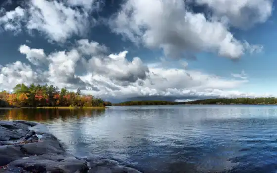 осень, вода, деревья, пейзаж, река, озеро, гладь, облака,