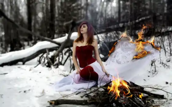 лес, огонь, зимой