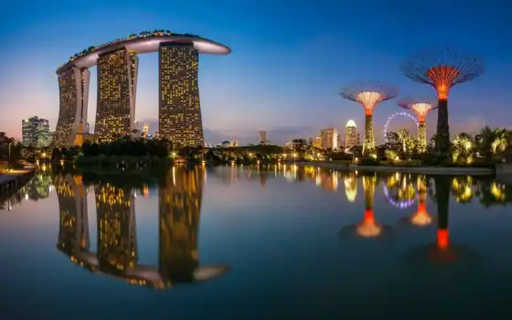 сингапур, город, огни, отражение, колесо, чертово, море, здания, ночь, 