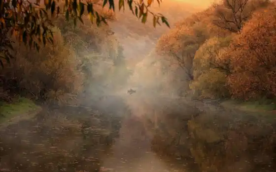 сердце, осень, река, деревья,