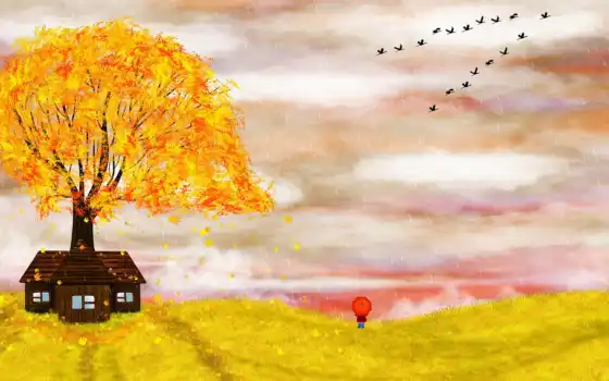 осень, иллюстрация, фото, полученный, рисованный, деревянный
