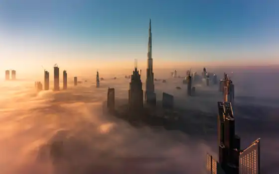 dubai, туман, мост, облако, атмосфера, дым, современный, утро, восход, небоскрёба