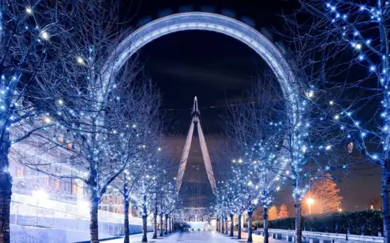 лондон, город, зима, колесо, телефон, обозревание, ночь, рождество, фон, огни, пкс-заправка