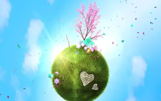 весна, планета, любовь, зелёная, деревце, планете, 