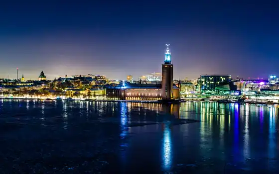 sweden, stockholm, взгляд, отражение, winter, огни, hall, ночь, 