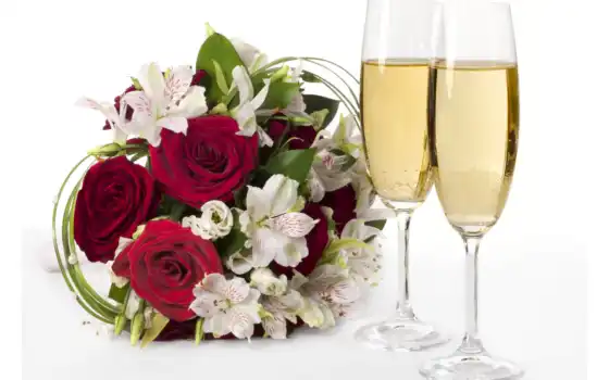 шампанское, цветы, розы, очки, букет, взгляд, лилии, 