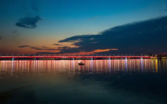 город, ночь, море, лодка, мост