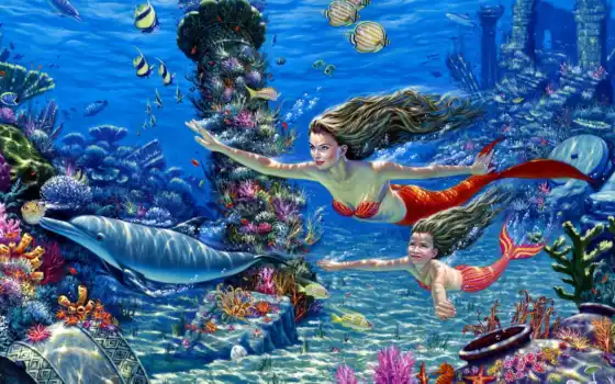 под водой, мир, русалки, кубики, дни, кораллы, искусство,