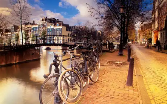 амстердам, нидерланд, город, место, канал, велосипед