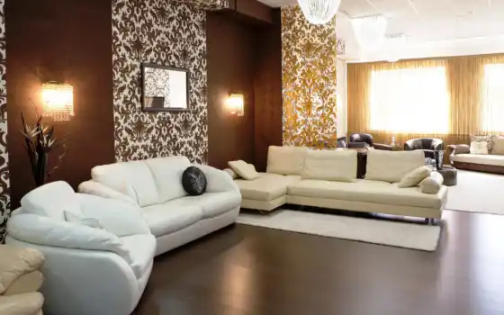 интерьер, дизайн, гостиная, коричневый, бежевый, стиль, подушки, кресло, белый, диван, лампы, дерево, паркет, 