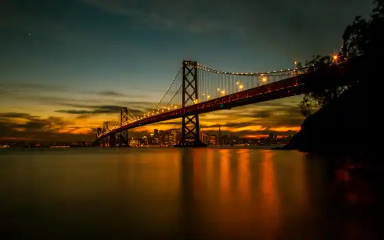 мост, ночь, золотистый, город