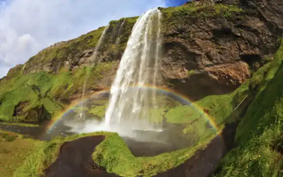 водопад, сельяландсфос, Исландия, радуга