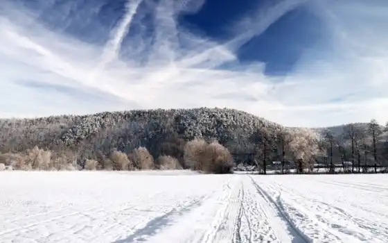 дорога, снег, небо, лес, зима, дома, природа, поле, горизонт, пейзаж, картинка, новогодние, 