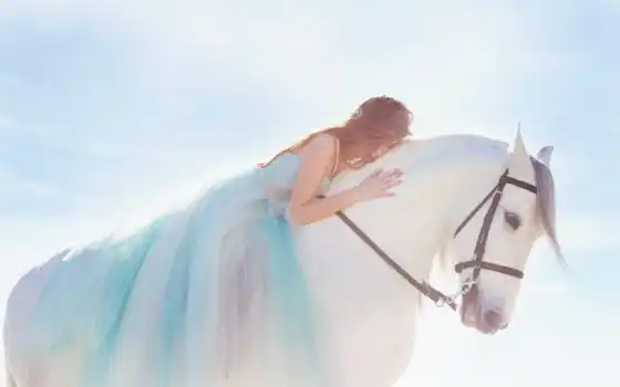 девушка, платье, лошадь, белом, коне, голубом, белая, телефон, 