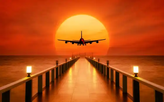закат, plane, картинка