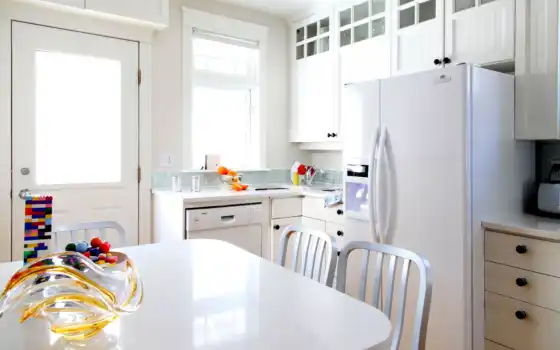 kitchen, интерьер, мебель, комната, design, white, за, кухни, столом, холодильник, 