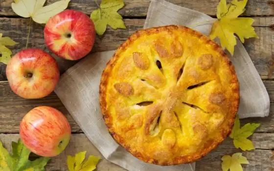 еда, высоком, осень, листва, десерт, яблоки, пирог, фрукты, выпечка, 
