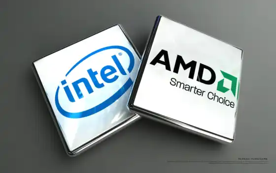 amd, intel, процессоры, лого, 3Д, прямоугольный