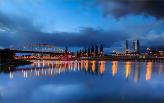 отражение, огни, река, мост, свет, город, guelder, нидерланды
