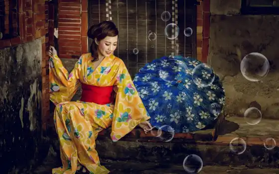 искусство, кимоно, храм, азиатский, женщина, пульс, гобелен, краска, мак